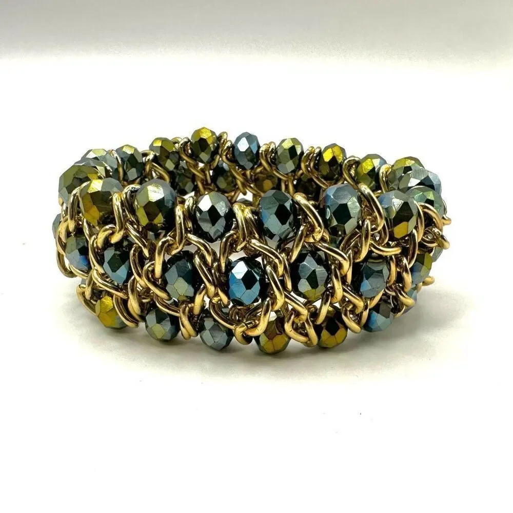 Gold tone and blue beaded stretchy bracelet